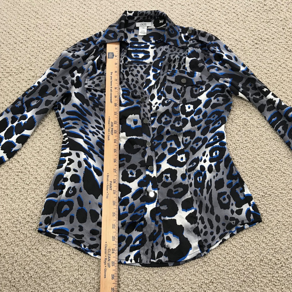 Cache Silk Blend Leopard Animal Print Button Down Shirt Blue Grey Black Medium - Picture 6 of 7